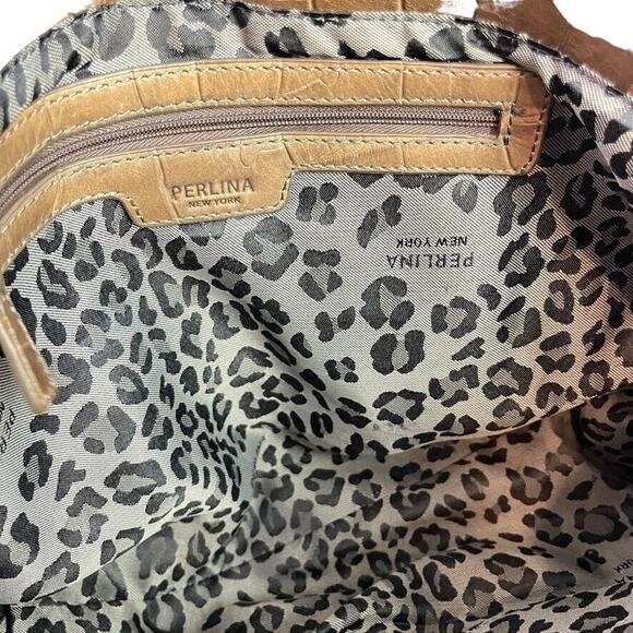 Perlina Womens Brown Croc Embossed Leather Double Handle Shoulder Bag Purse - Picture 16 of 16